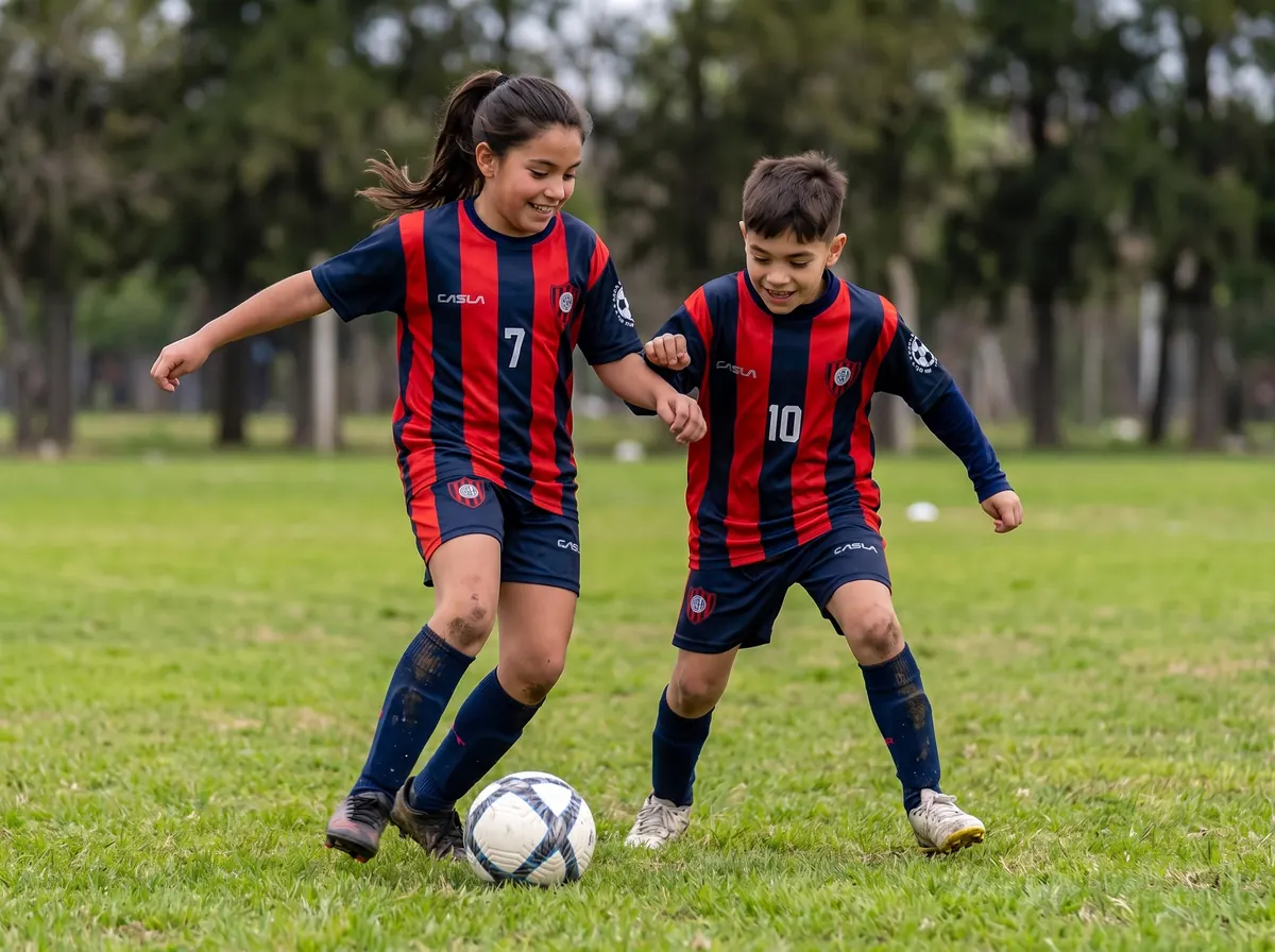 Una nena gambeteando en un entrenamiento mixto