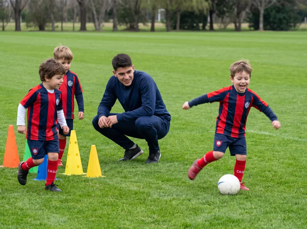Chicos de 4 a 5 años jugando con conos