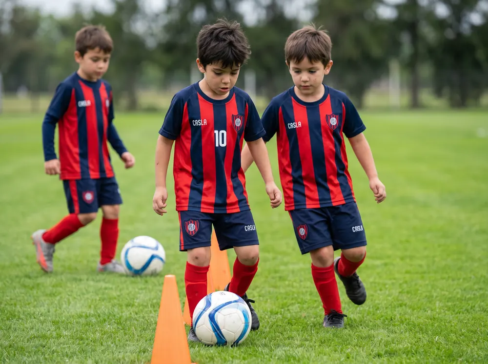 Chicos de 6 a 7 años haciendo conducción entre conos